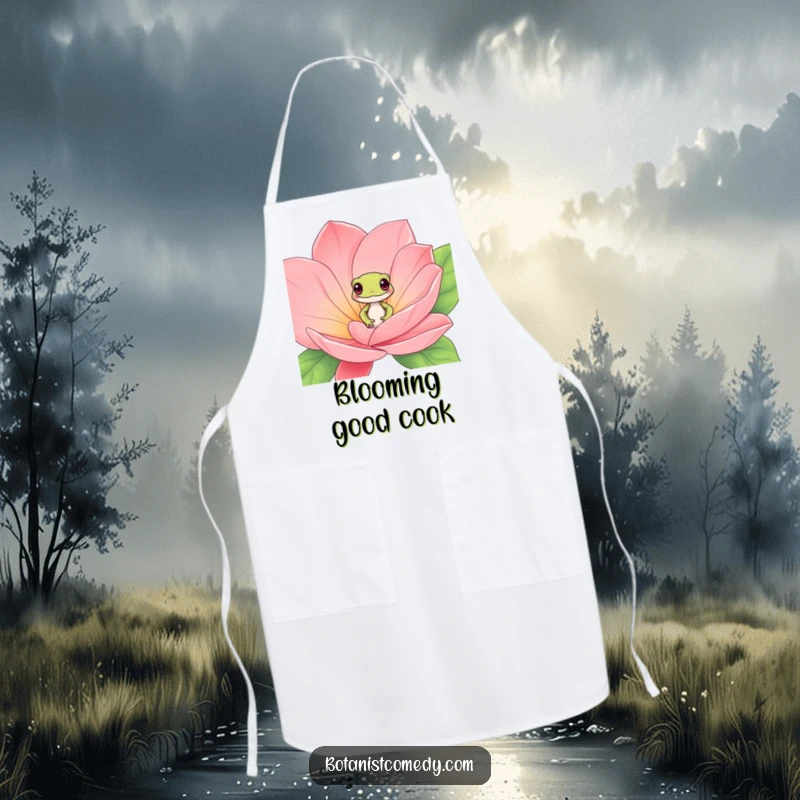 Funny gecko apron with a playful gecko character peeking from exotic bloom petals, adding kitchen flair.