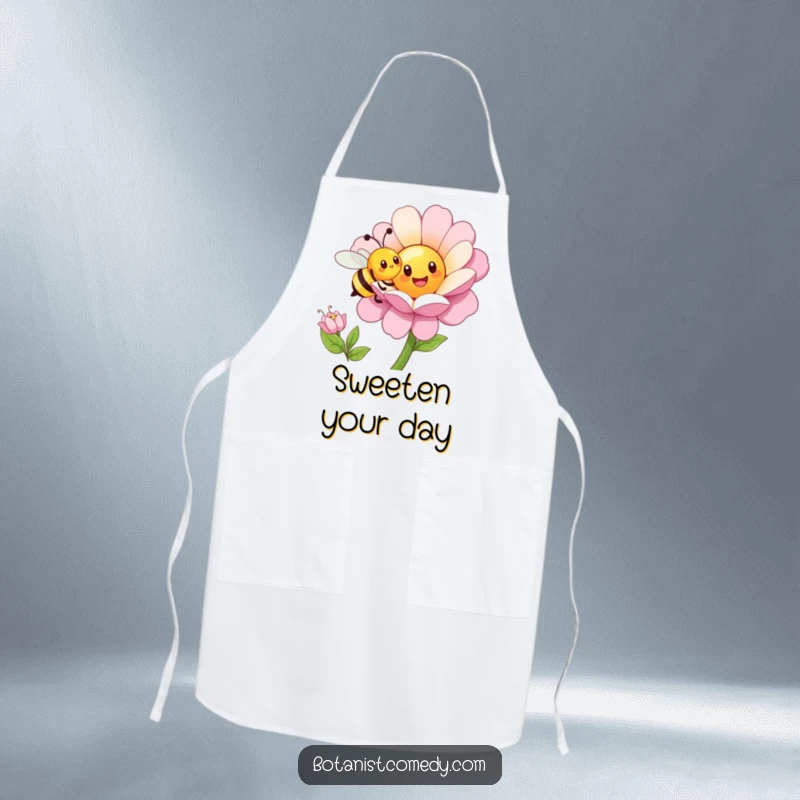 Funny bee apron with a happy bee character pollinating a large, cheerful flower, adding kitchen flair.
