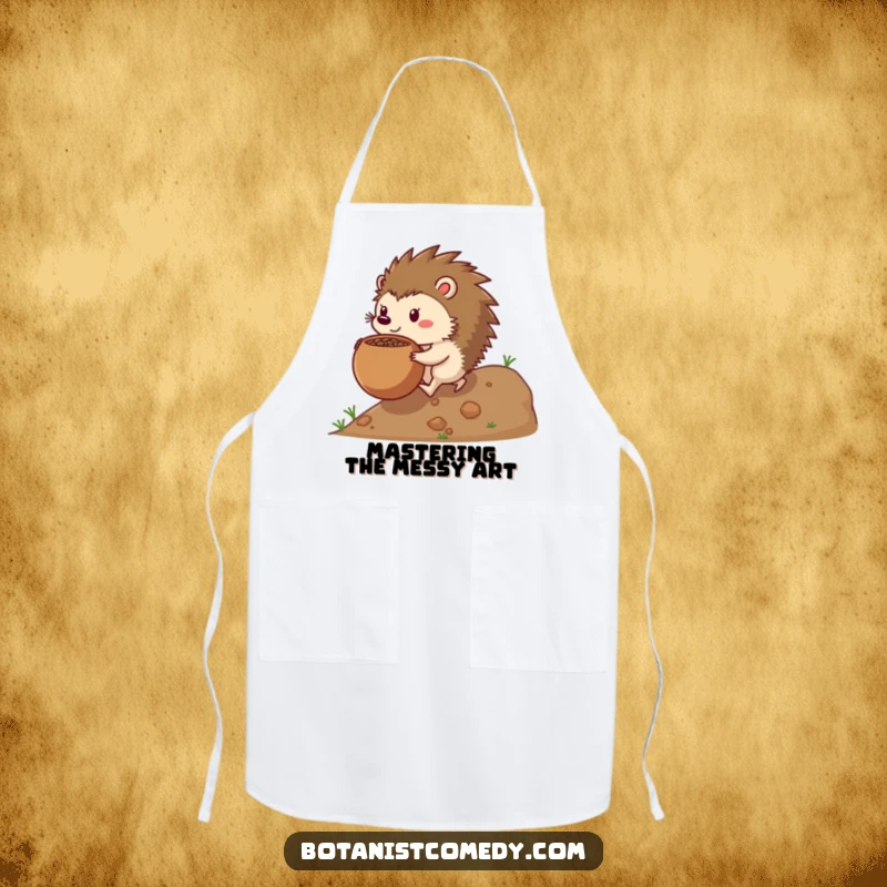 Funny hedgehog apron showing a determined hedgehog character pushing a large seedpot, ready for kitchen duty.
