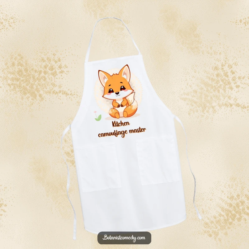 Funny fox character hiding within a giant dandelion, depicted on a functional and humorous kitchen apron.