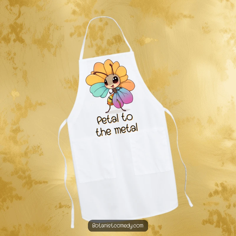 Funny ant apron showing a diligent ant character carrying a large petal, ready for kitchen duty.