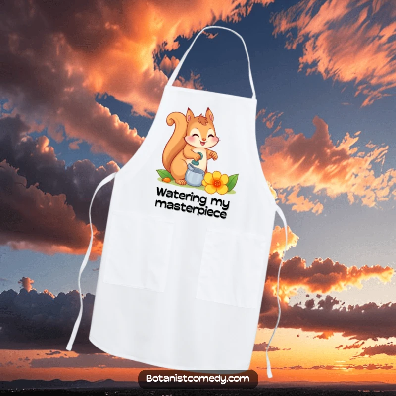 Funny squirrel character watering a huge blooming flower, depicted on a functional and humorous kitchen apron.