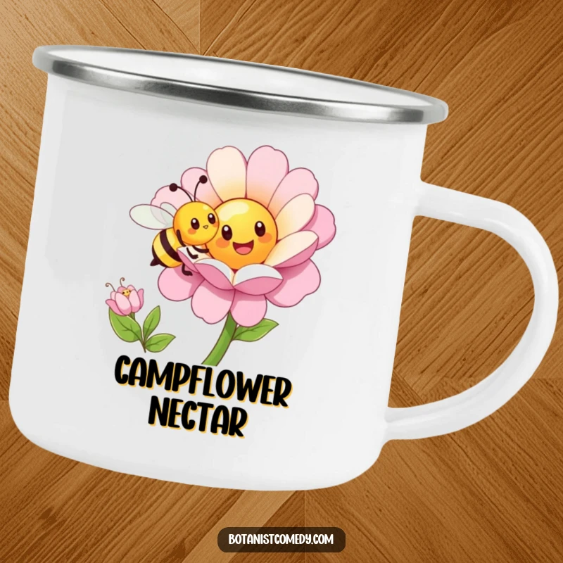 Funny bee camping mug showing a happy bee character pollinating a large flower, perfect for adventures.