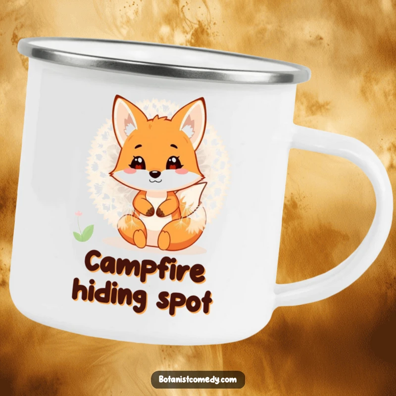Funny fox hiding in a giant dandelion on a durable camping mug, ideal for outdoor fun.