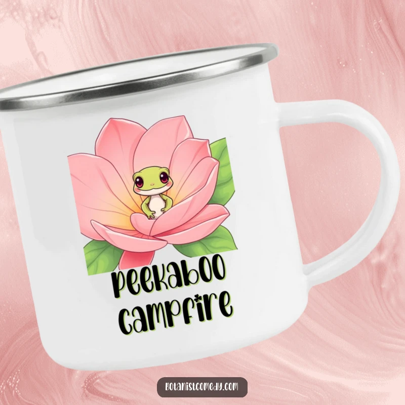 Funny gecko camping mug showing a playful gecko peeking from exotic bloom petals, perfect for adventures.