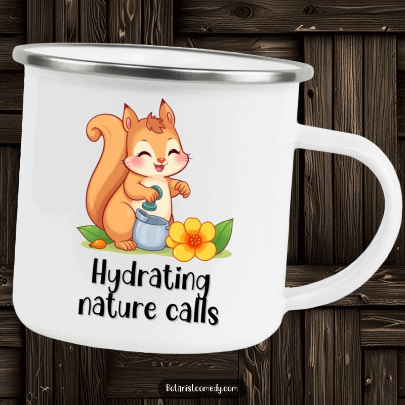 Funny squirrel watering a big, colorful flower on a durable camping mug, ideal for outdoor adventures.