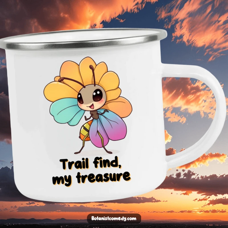 Funny ant camping mug showing a diligent ant carrying a large petal, ready for outdoor endeavors.