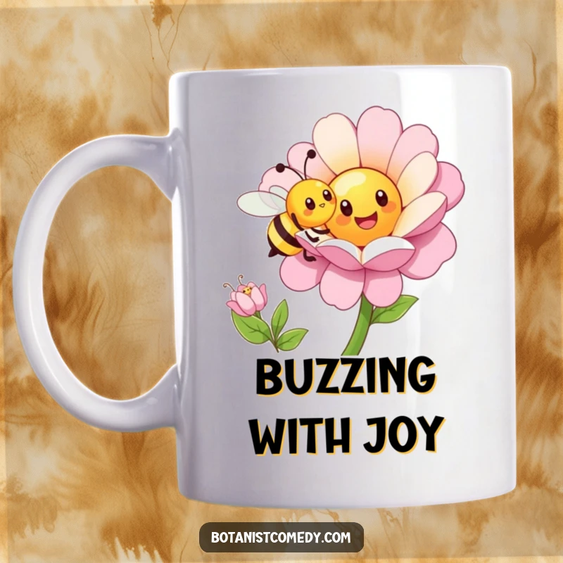 Funny bee mug featuring a happy bee character enthusiastically pollinating a fantastically oversized, cheerful flower with delight.