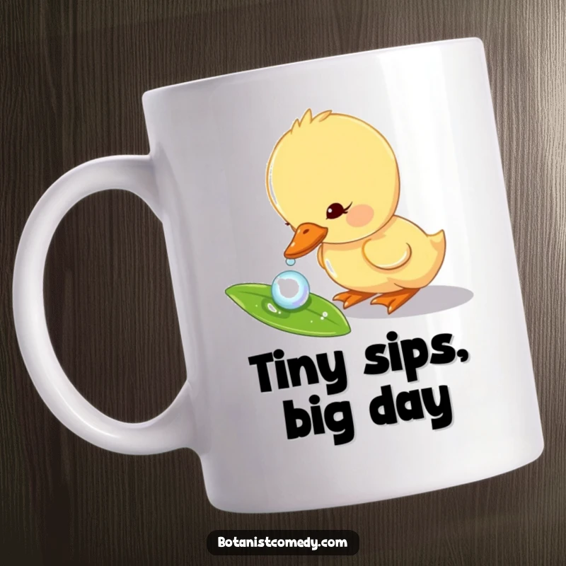 Funny duckling mug featuring a curious duckling character gently dipping its beak into a glistening dewdrop on a leaf.