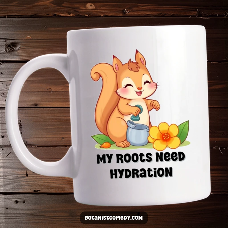 Funny squirrel character happily watering a huge, colorful flower, symbolizing growth and joy on this cute mug.