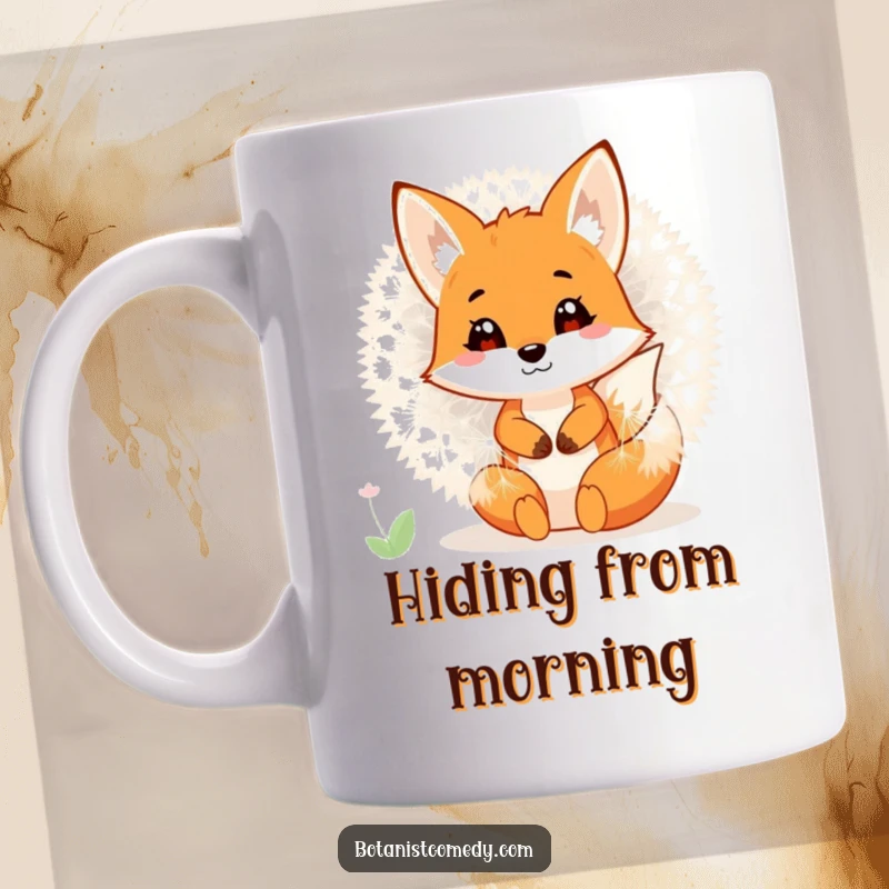 Funny fox peeking playfully from inside a giant, blooming dandelion on this whimsical and humorous mug.