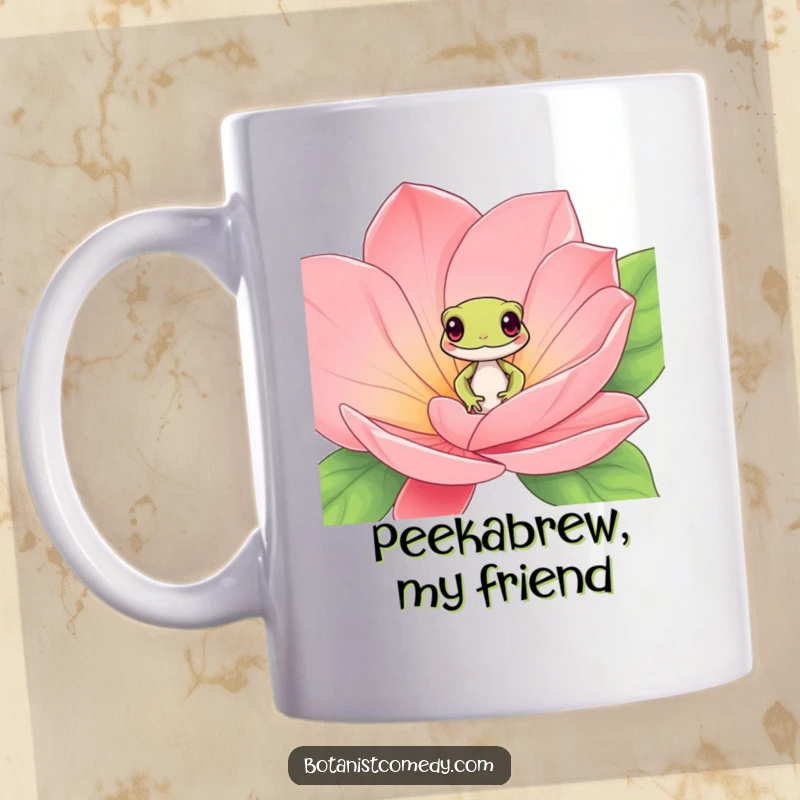 Funny gecko mug featuring a playful gecko character peeking curiously from within the petals of a large, exotic bloom.