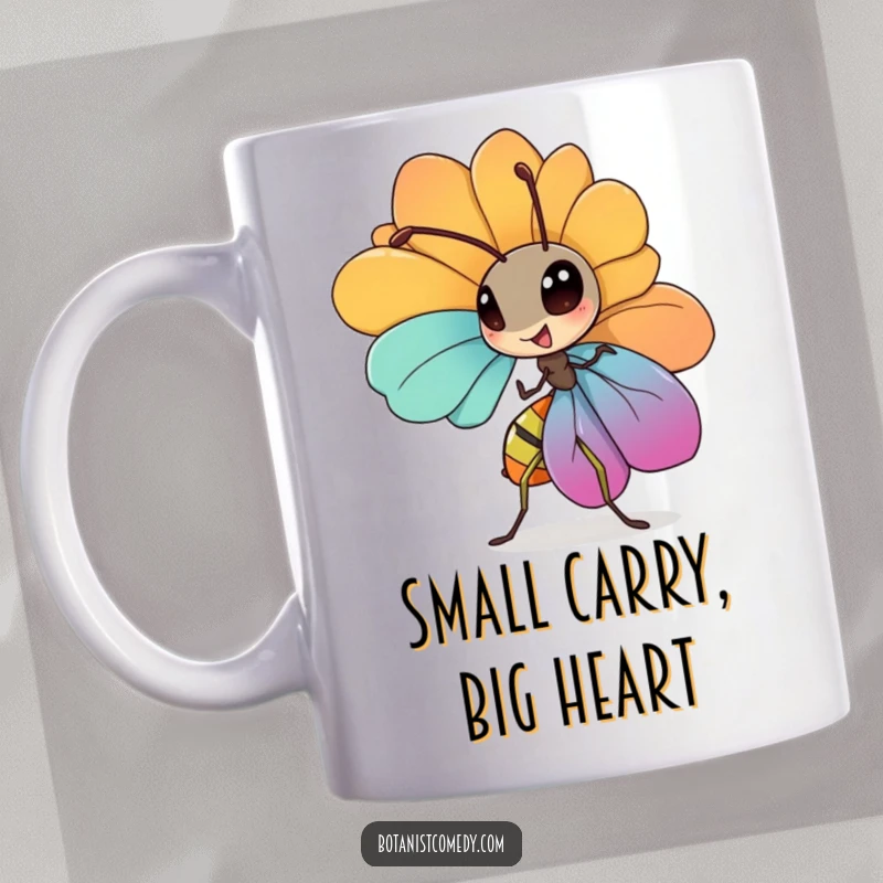 Funny ant mug featuring a diligent ant character carrying a large, colorful petal with great effort.
