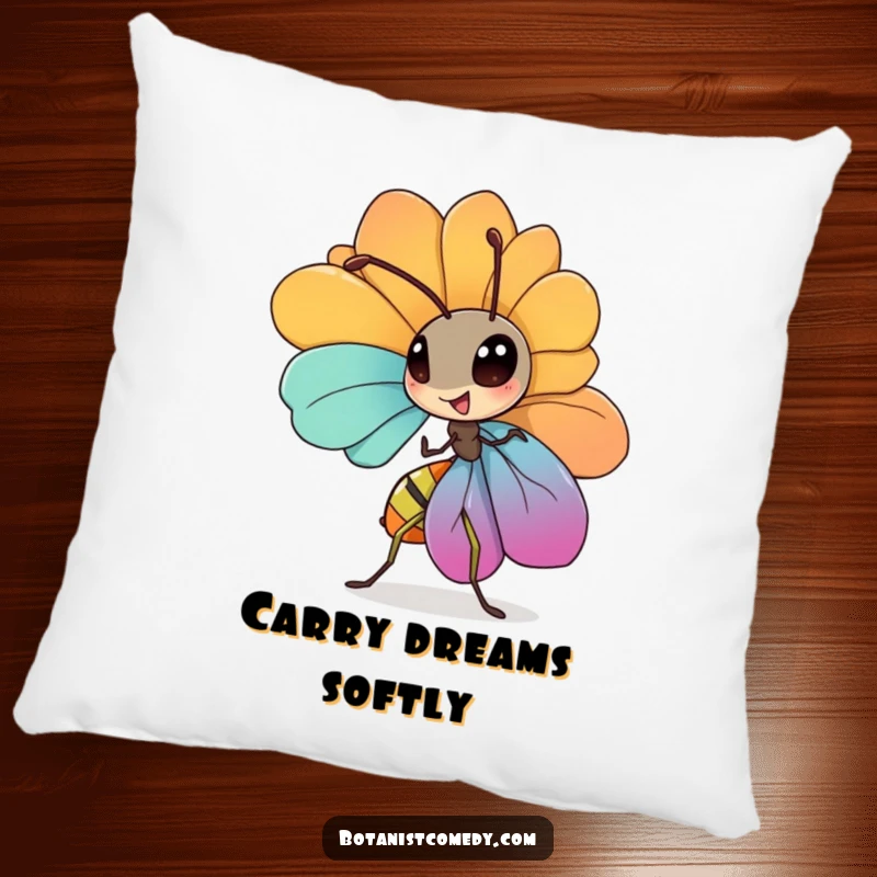 Funny ant pillow featuring a diligent ant carrying a large petal, perfect for adding humor and comfort.