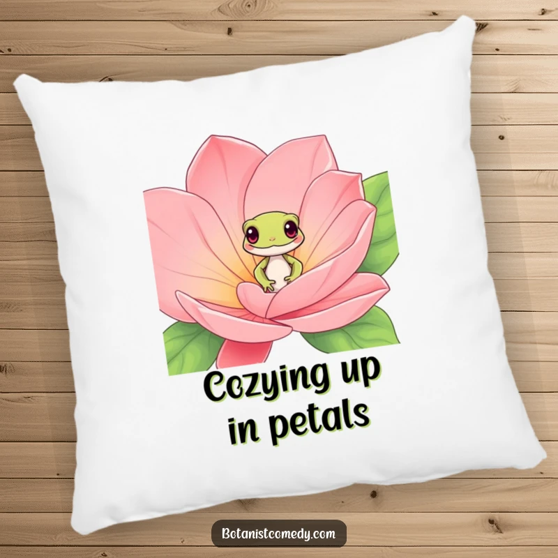 Funny gecko pillow featuring a playful gecko peeking from exotic flower petals, ideal for comfort and humor.