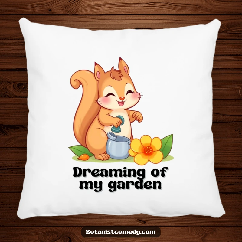 Funny squirrel watering a large, colorful flower, featured on a soft and cozy pillow for humorous home decor.