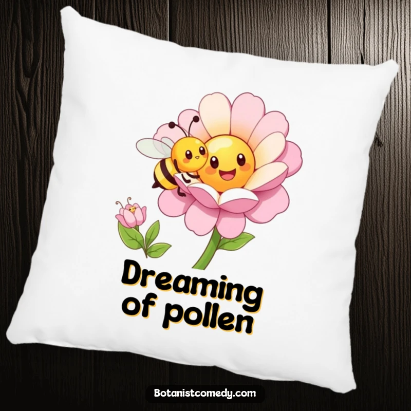 Funny bee pillow featuring a happy bee pollinating a large, cheerful flower, perfect for comfortable relaxation.