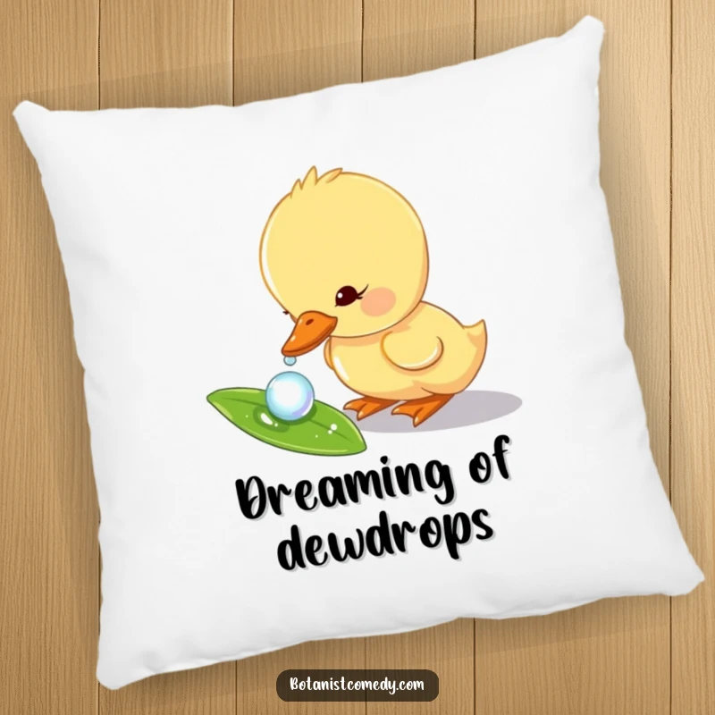 Funny duckling pillow featuring a curious duckling character investigating a tiny dewdrop on a leaf, ideal for comfort.