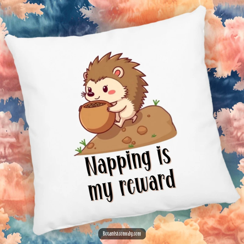 Funny hedgehog pillow featuring a determined hedgehog pushing a large seedpot, perfect for adding humor and comfort.
