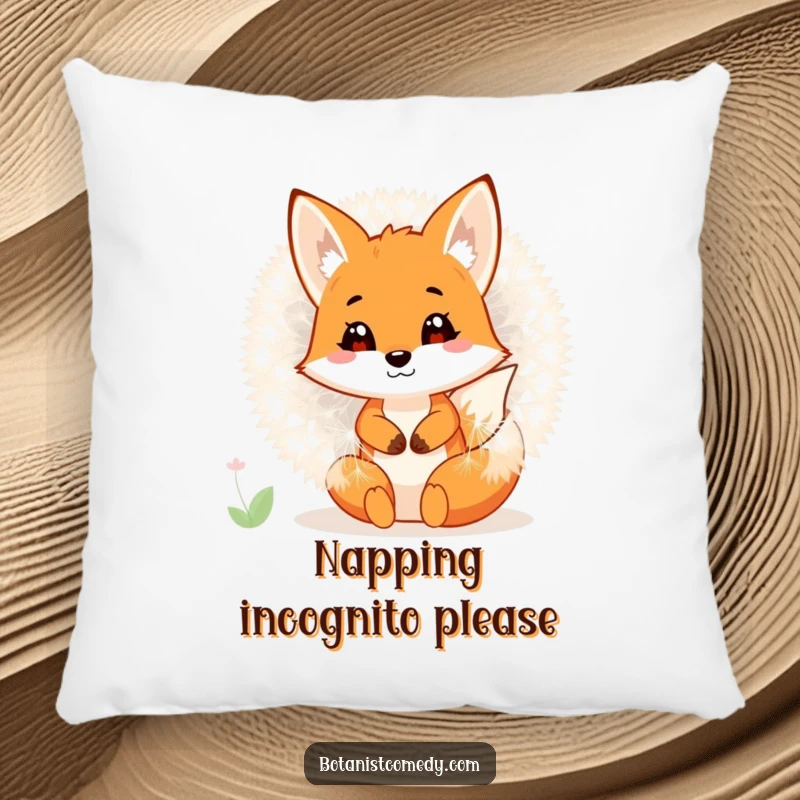 A plush pillow featuring a funny fox peeking from a giant dandelion, offering comfort and whimsical decor.
