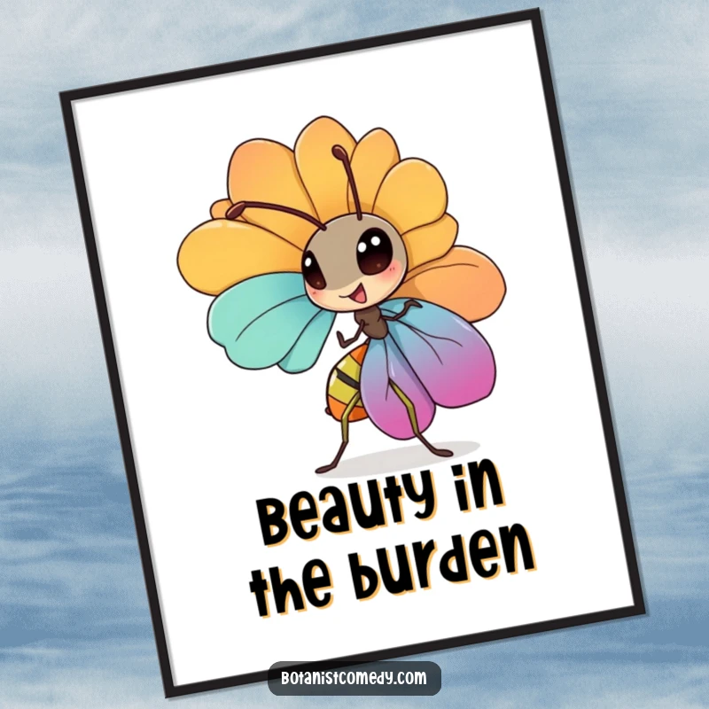Funny ant digital art print showcasing a diligent ant character carrying a large, colorful petal, perfect for wall decor.
