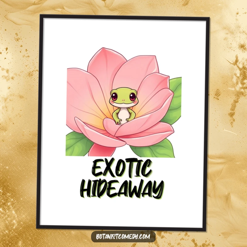 Funny gecko digital art print showing a playful gecko character peeking from within the petals of a large, exotic bloom.