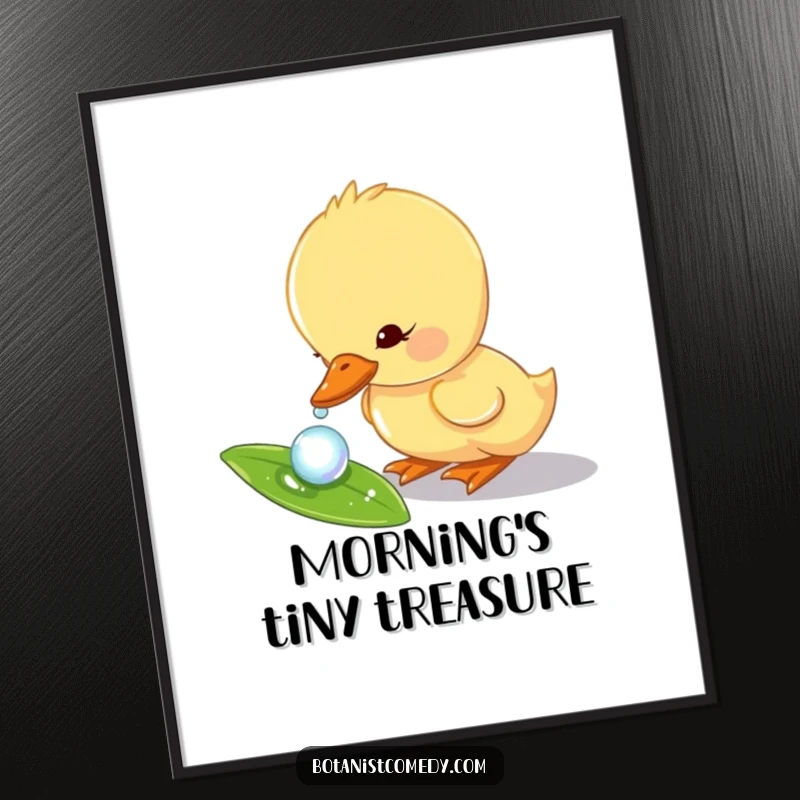 Funny duckling digital art print showing a curious duckling character dipping its beak into a glistening dewdrop on a leaf.