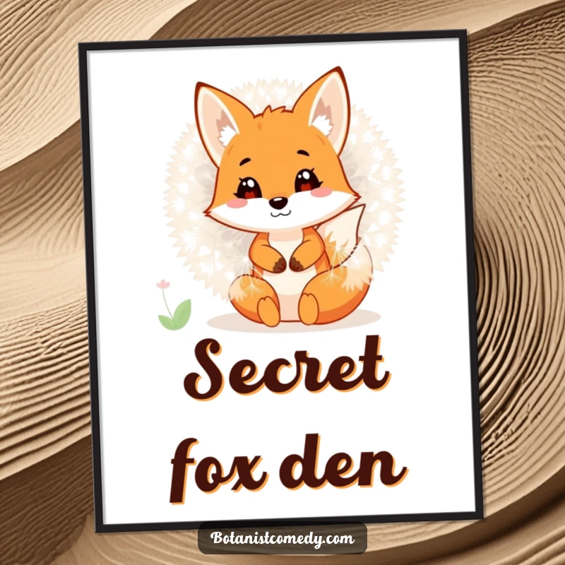 Funny fox character hiding inside a giant dandelion in a whimsical digital art print, perfect for wall decor.