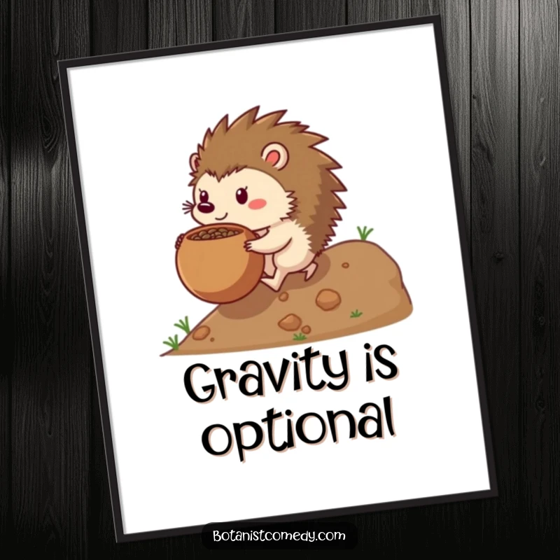 Funny hedgehog digital art print showcasing a determined hedgehog character pushing a large seedpot uphill, perfect for wall decor.