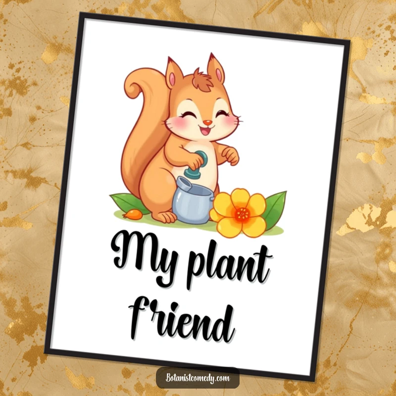 Funny squirrel character watering a large, vibrant flower in a whimsical digital art print, perfect for wall decor.