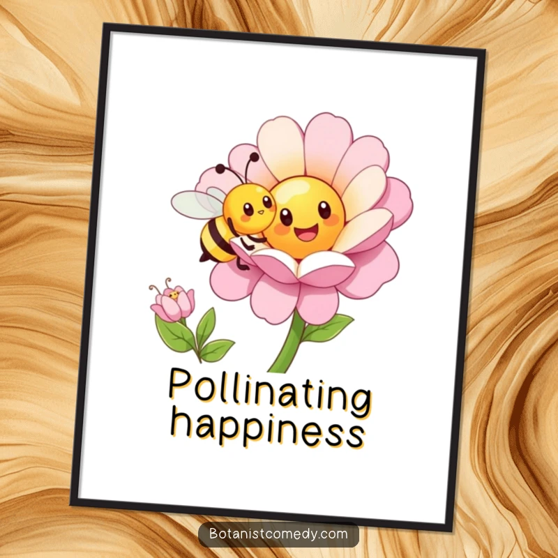 Funny bee digital art print showing a happy bee character enthusiastically pollinating a fantastically oversized, cheerful flower.
