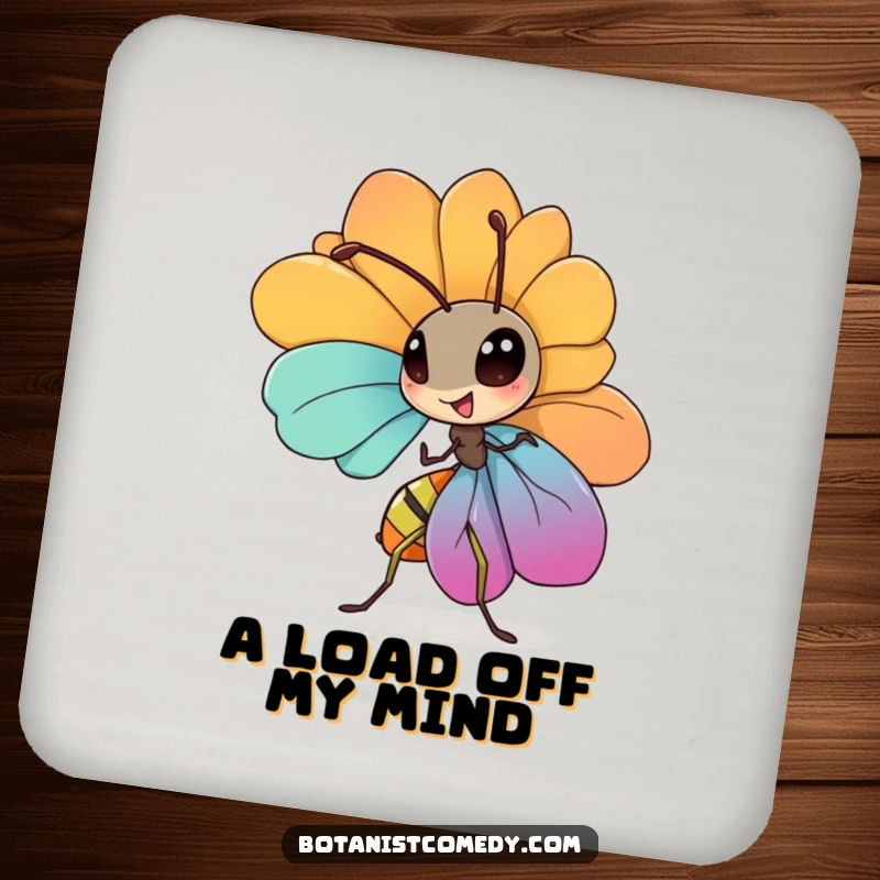 Funny ant coaster featuring a diligent ant carrying a large petal, adding a touch of humor to drink service.