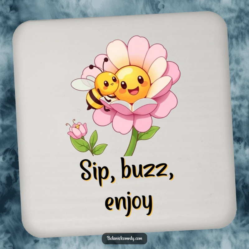 Funny bee coaster with a happy bee character pollinating a large flower, adding charm to drinks.