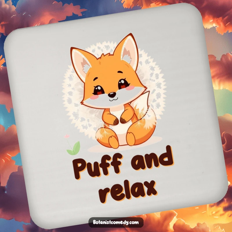 Funny fox character hiding inside a dandelion, featured on a protective and humorous drink coaster.