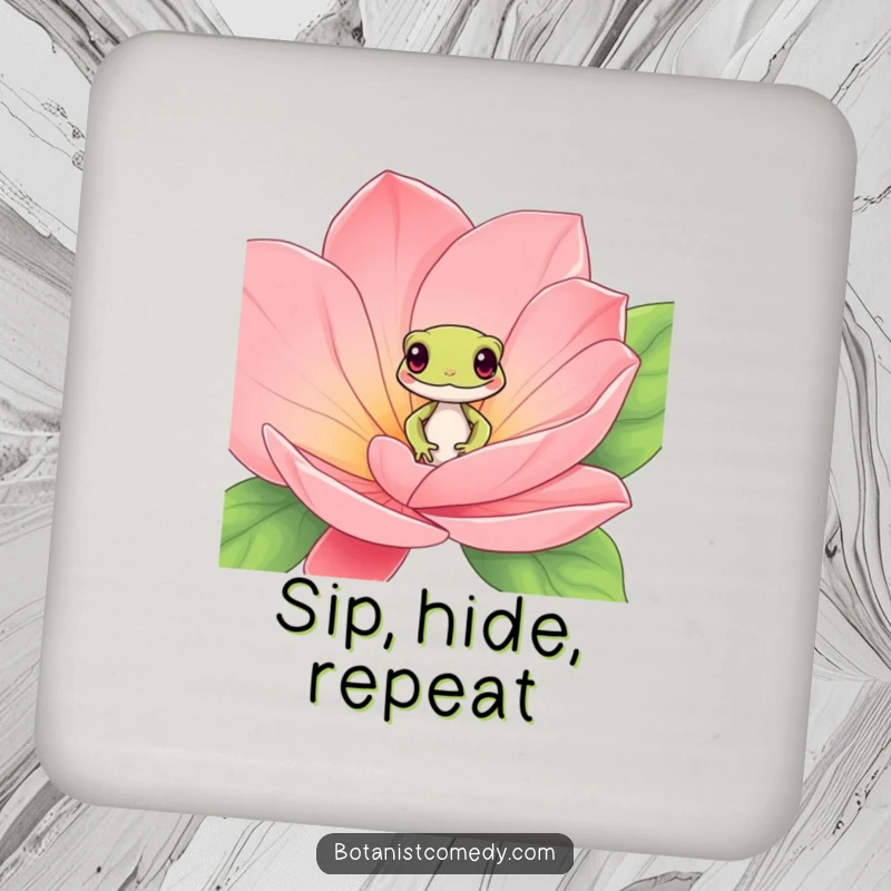 Funny gecko coaster with a playful gecko peeking from exotic bloom petals, adding charm to drinks.