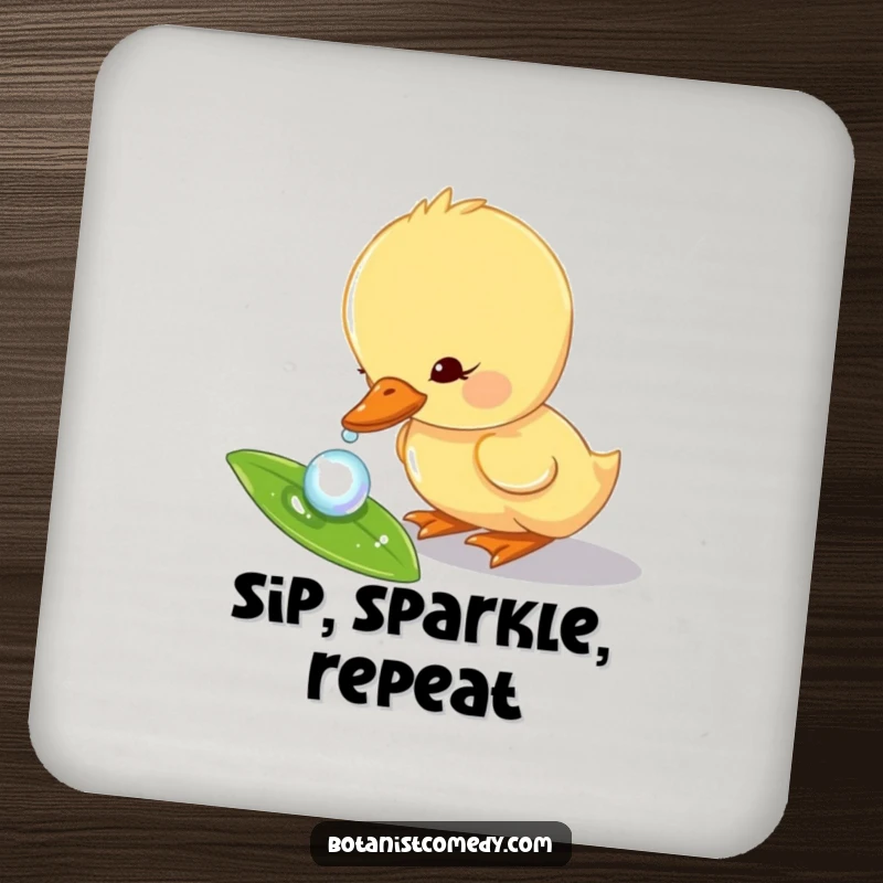 Funny duckling coaster with a curious duckling character exploring a dewdrop, adding a touch of whimsy to drinks.