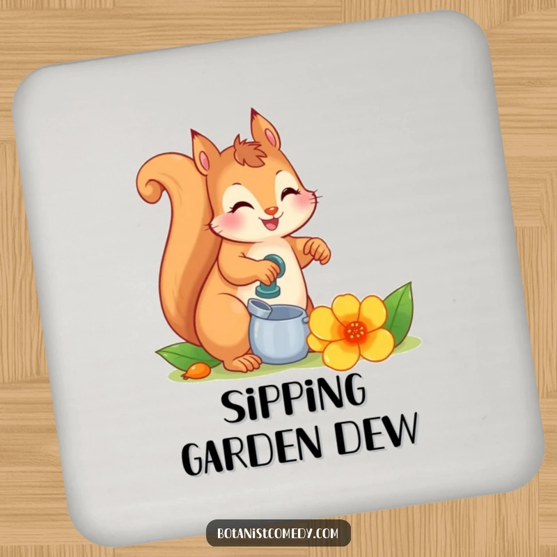 Funny squirrel character watering a vibrant flower, featured on a protective and humorous drink coaster.