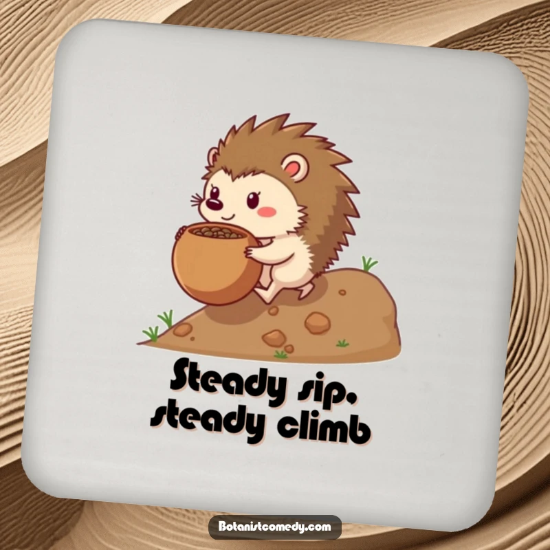 Funny hedgehog coaster featuring a determined hedgehog pushing a large seedpot, adding a touch of humor to drink service.