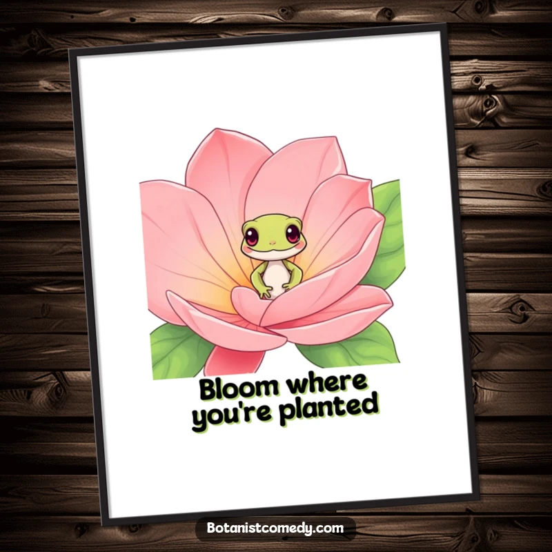 Funny gecko poster showing a playful gecko character peeking from within large, exotic bloom petals.