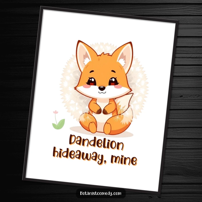 Funny fox character hiding inside a giant, fluffy dandelion, creating a whimsical and funny scene for wall art.