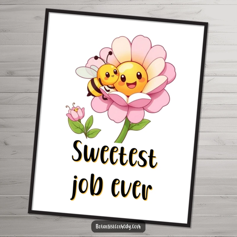 Funny bee poster showcasing a happy bee character pollinating a fantastically oversized, cheerful flower with delight.