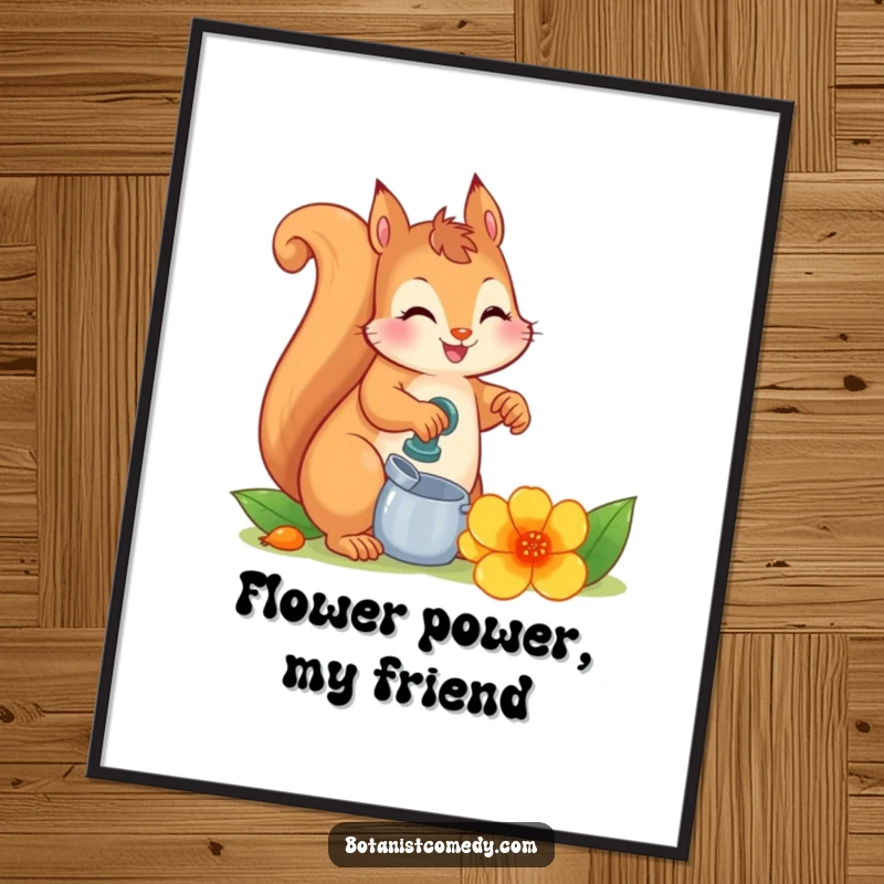 Funny squirrel character tenderly watering an oversized, vibrant flower, bringing a whimsical and funny garden scene to wall art.