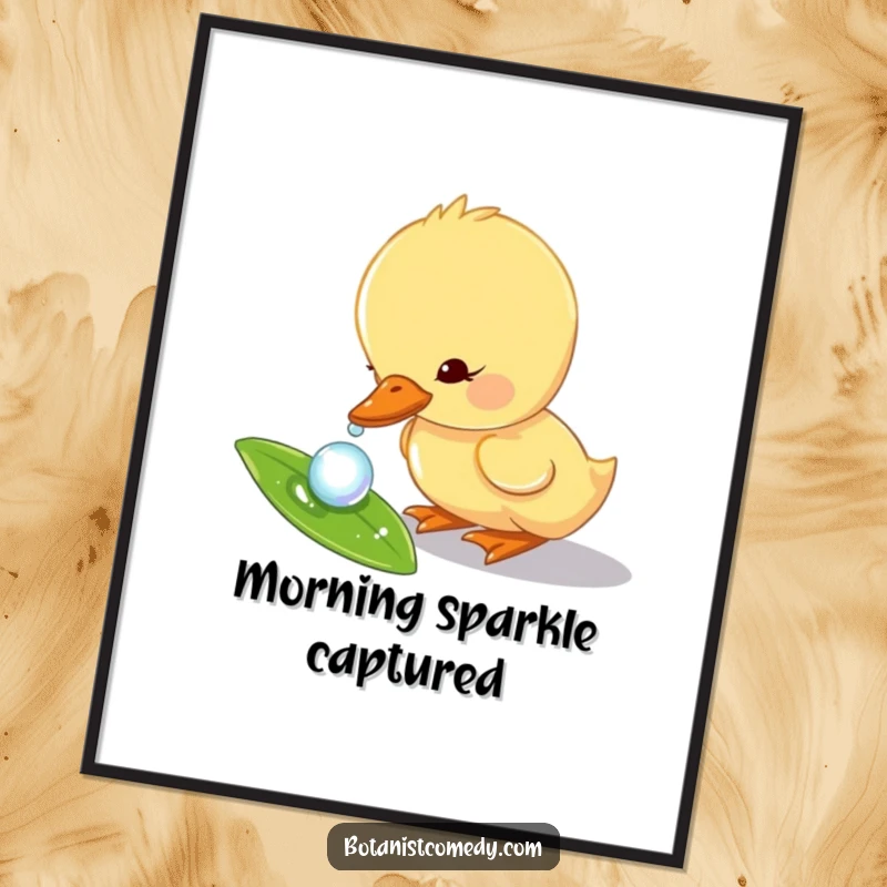 Funny duckling poster showcasing a curious duckling character delicately dipping its beak into a glistening dewdrop on a leaf.