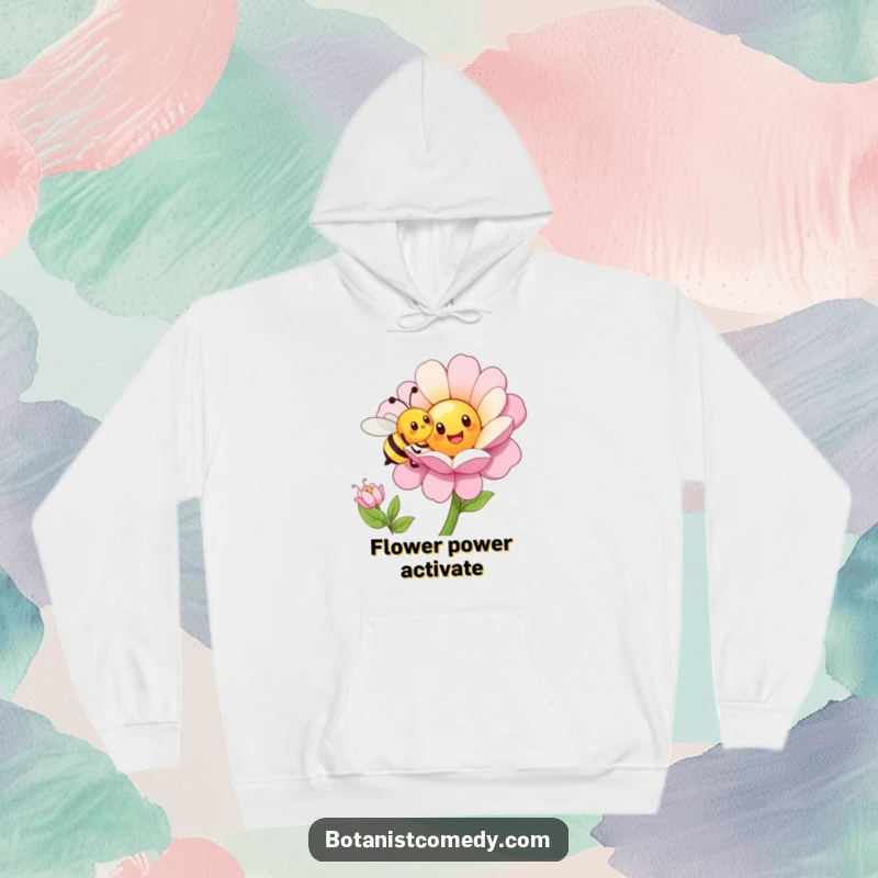 Funny bee hoodie featuring a happy bee pollinating a huge, cheerful flower, perfect for cozy days.