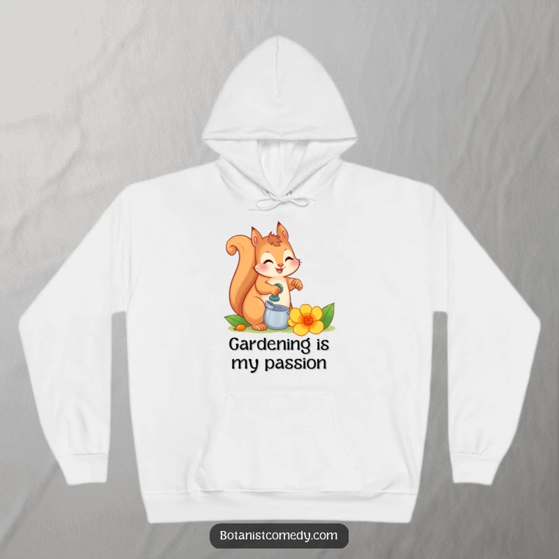 Funny squirrel character carefully watering an enormous, colorful flower, depicted on a warm and cozy hoodie.