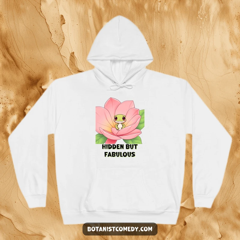 Funny gecko hoodie featuring a playful gecko peeking from within large, exotic bloom petals, perfect for comfort.