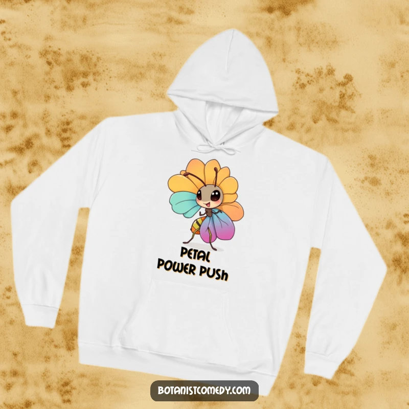 Funny ant hoodie displaying a diligent ant carrying a large petal, conveying strength and humor.