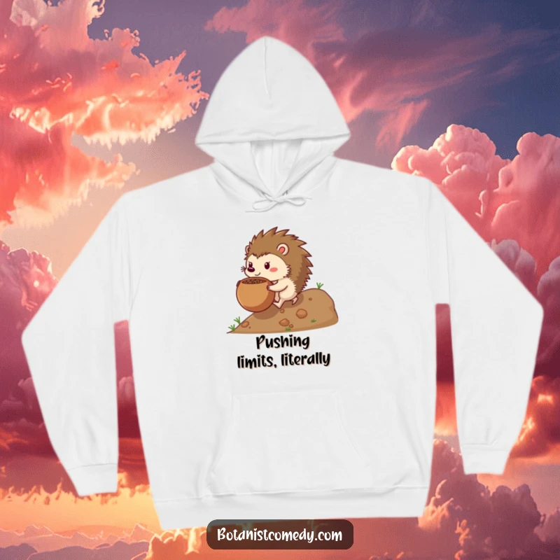 Funny hedgehog hoodie displaying a focused hedgehog pushing a large seedpot uphill, conveying strength and humor.