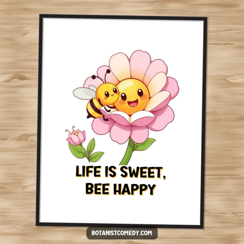 Funny Free Printable Bee Wall Art: Happy bee pollinating an oversized cheerful flower, bringing joy and nature indoors.