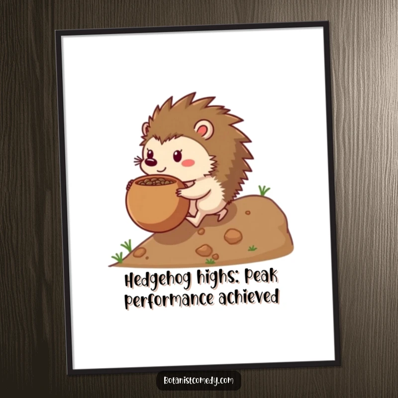 Funny Free Printable Hedgehog Wall Art: Determined creature pushing seedpot uphill, motivational design for any space.